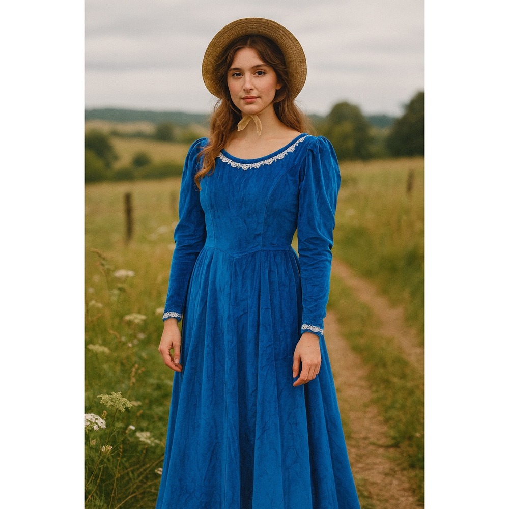 Vintage Blue Velvet Maxi Dress Long Sleeve Cottagecore‎ Lace Trim Evening Gown